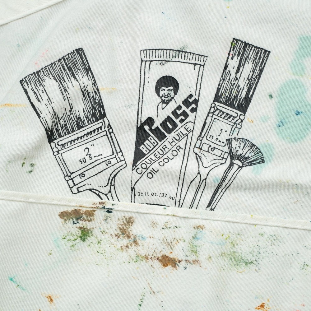 Vintage 90s Bob Ross‎ Supplies Paint Splatter Apron Art Pockets Brush Print OS